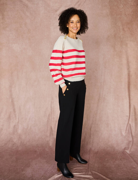 Pull rayé à boutons dorés, maille anglaise (écru / rose) Pull rayé à boutons dorés, maille anglaise (écru / rose)